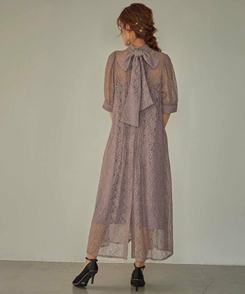 Aライン袖付き総レースバックリボンドレスのドレス|Dorry Doll