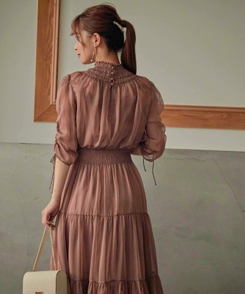 シャーリングハイネックティアードワンピースドレスのドレス|Dorry Doll