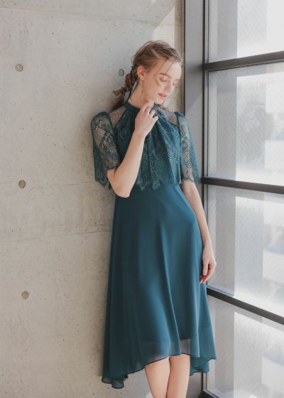 ドレス夜職 プチハイネックフレアレーススリーブフィッシュテールワンピース