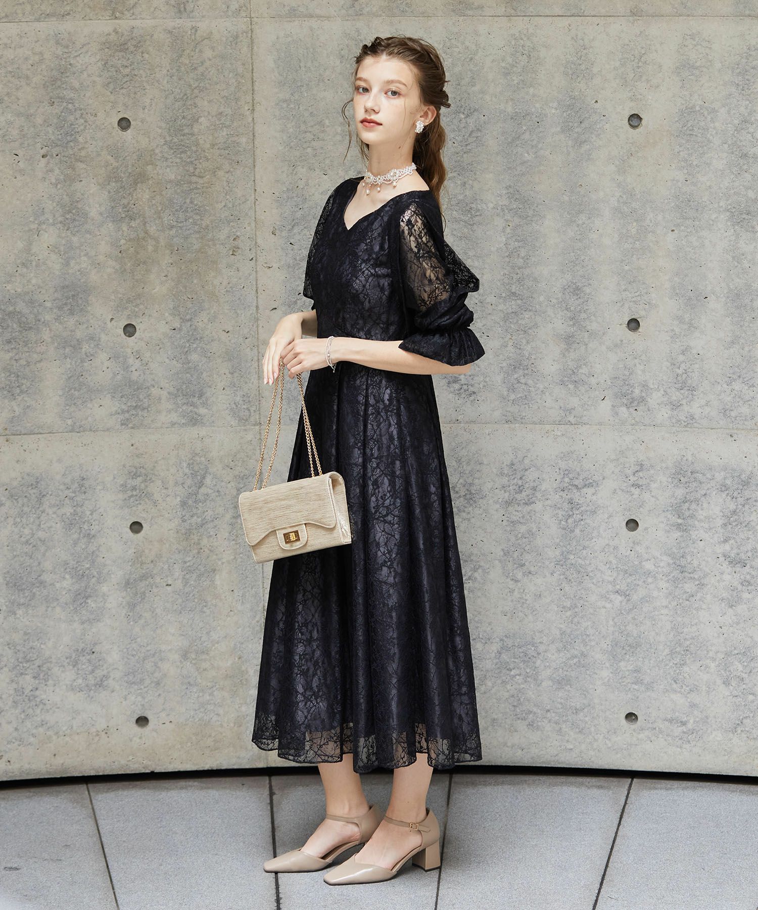 ボリューム袖レースワンピースのドレス Dorry Doll