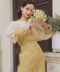 シアーパフスリーブジャガードドレス|DorryDoll