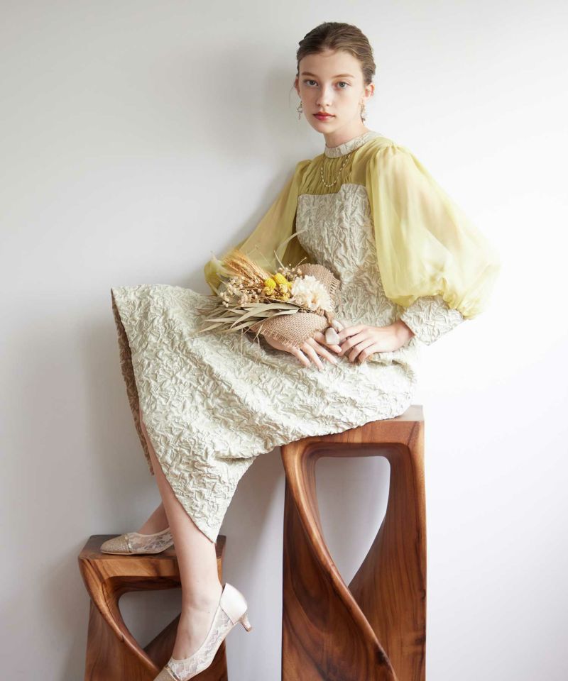 シアーパフスリーブジャガードドレスのドレス|Dorry Doll