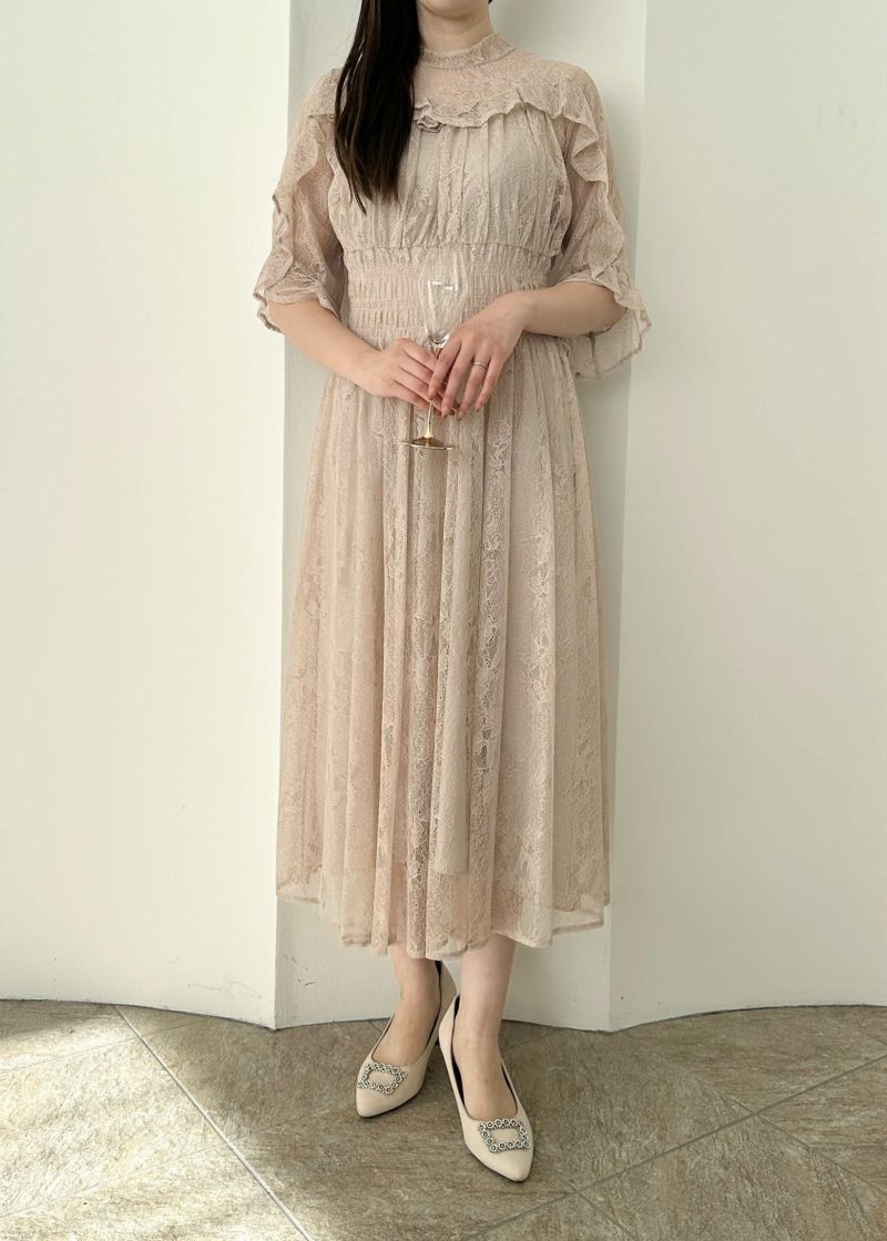 フリルデザインシャーリングレースドレスのドレス|Dorry Doll