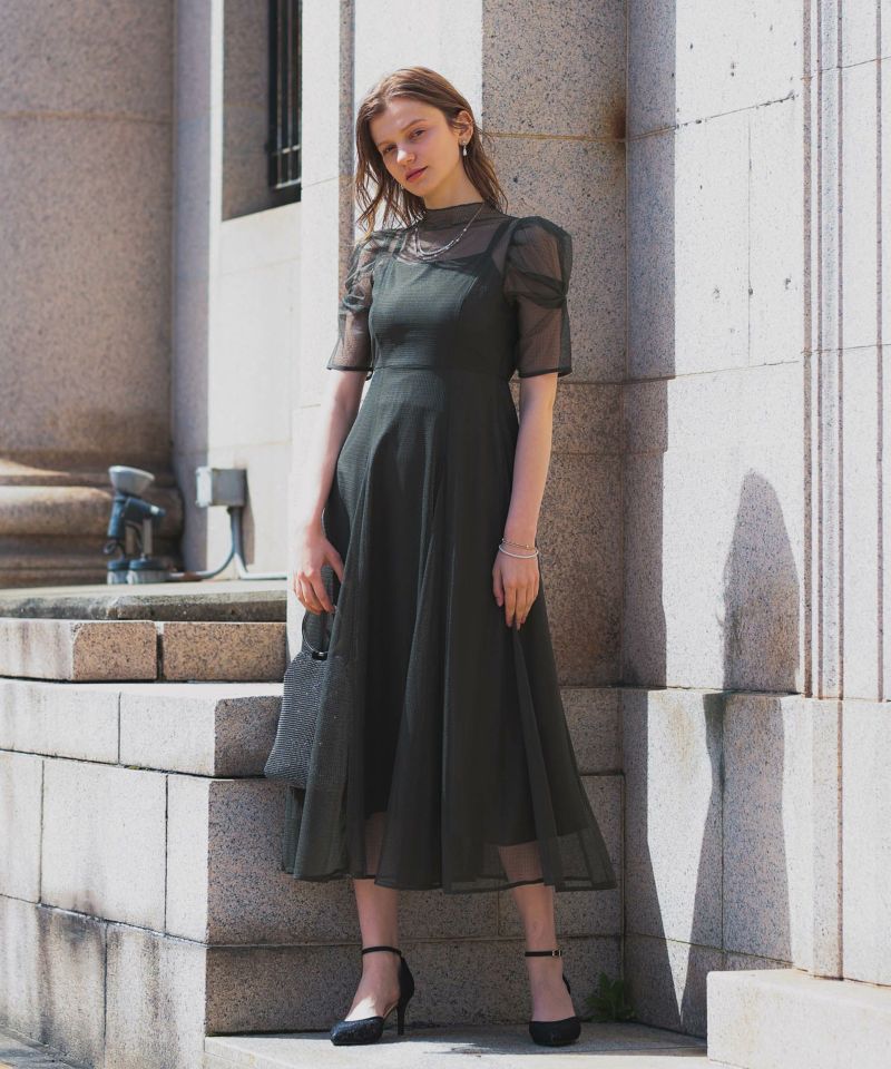 チュールショルダーデザインドレス ブラック - ロングワンピース