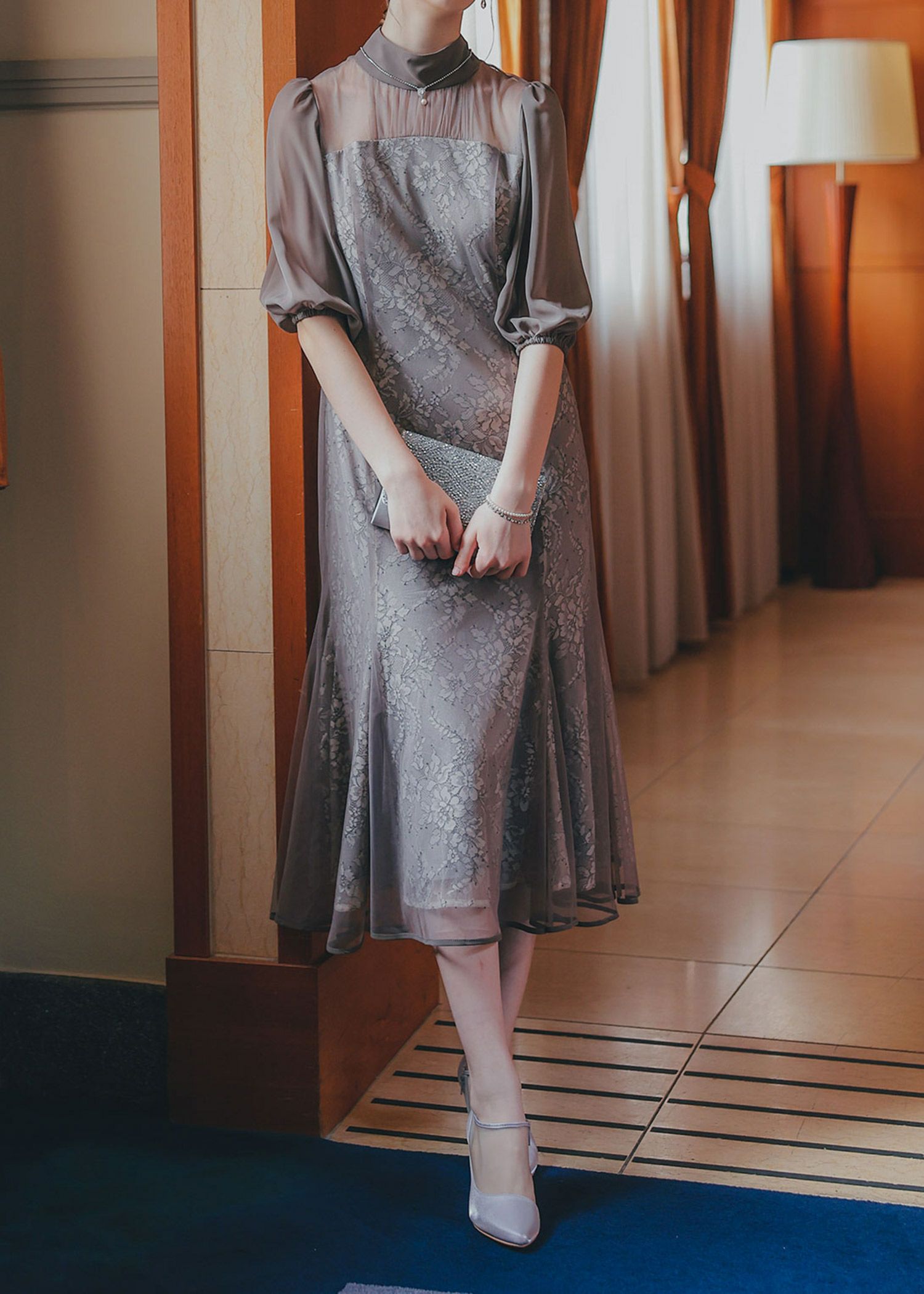 フラワーレースパフスリーブドレス|DorryDoll 