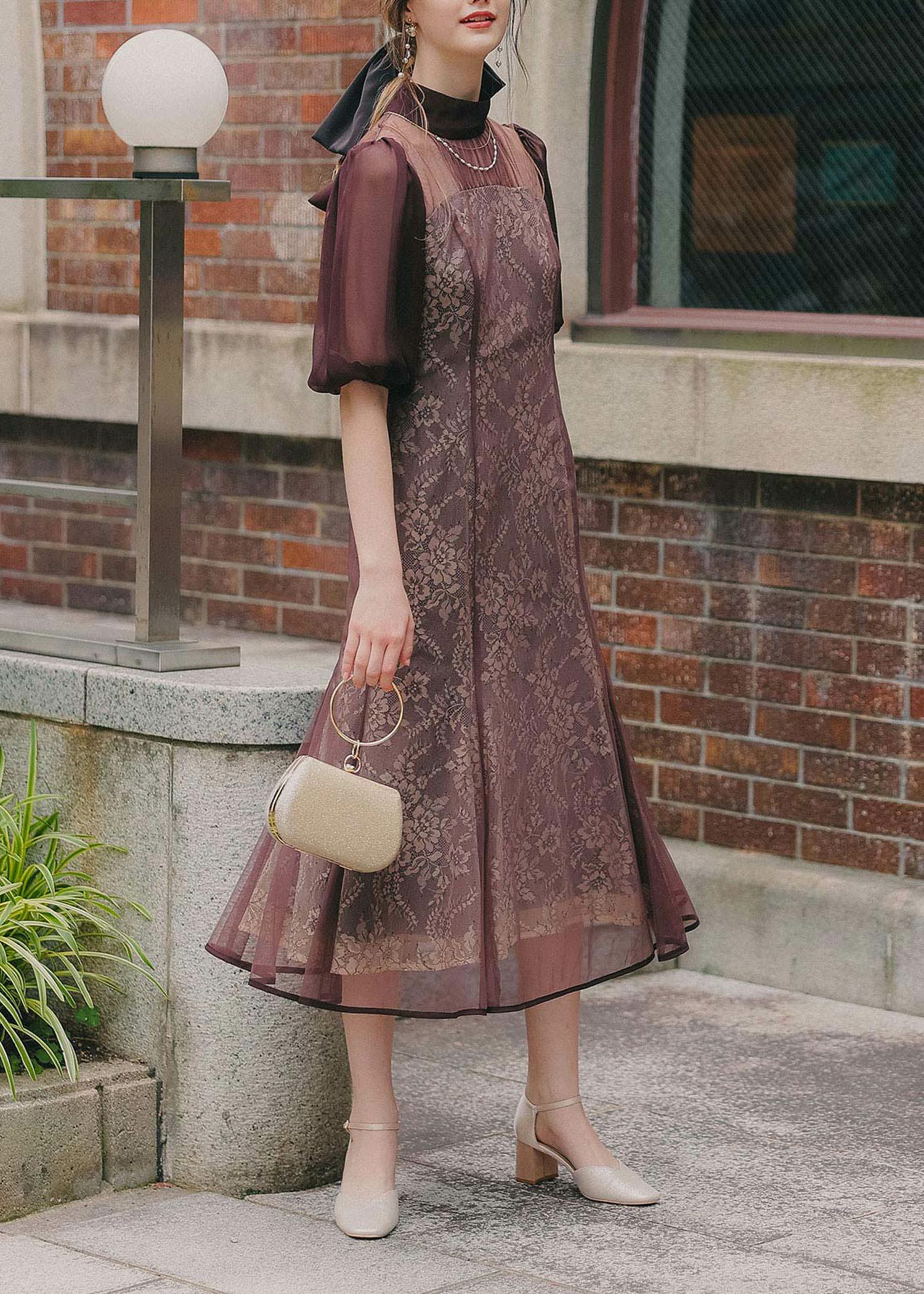 フラワーレースパフスリーブドレス|DorryDoll 