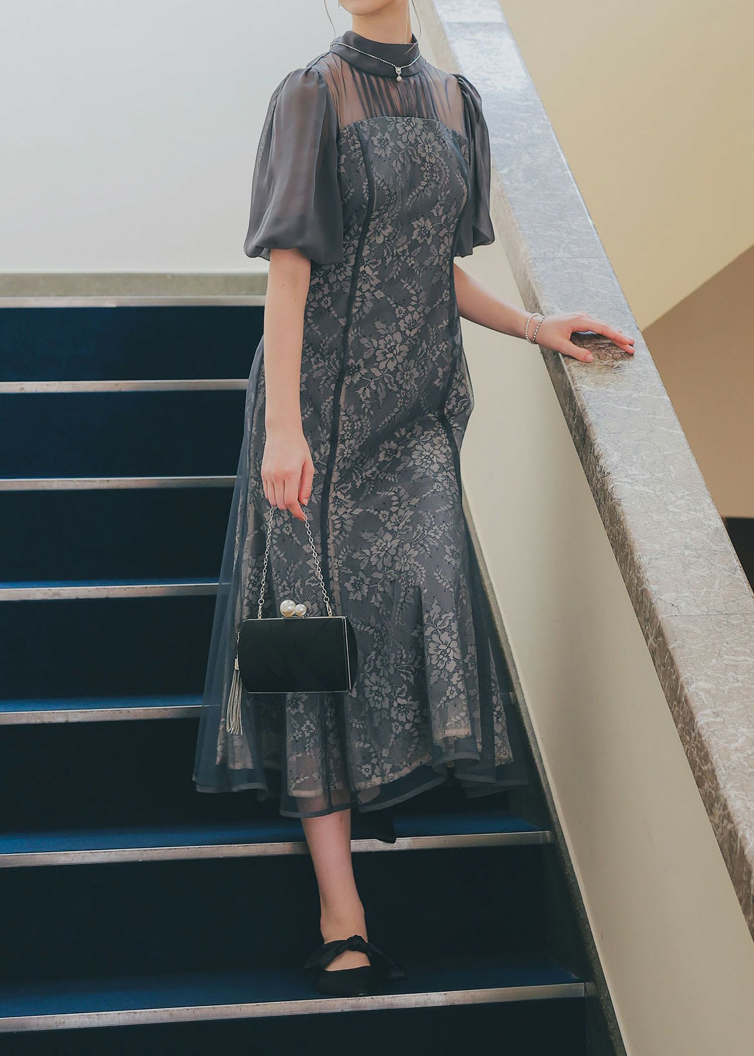 フラワーレースパフスリーブドレス|DorryDoll 