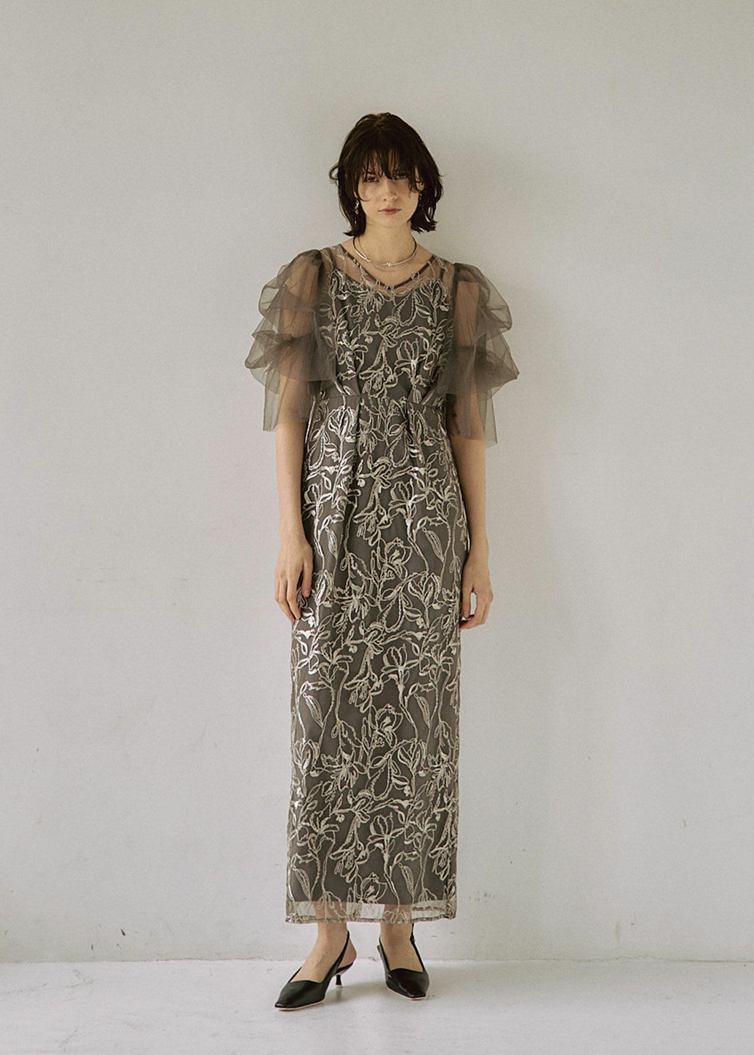 Cotton race souffle sleeve dress|LE 