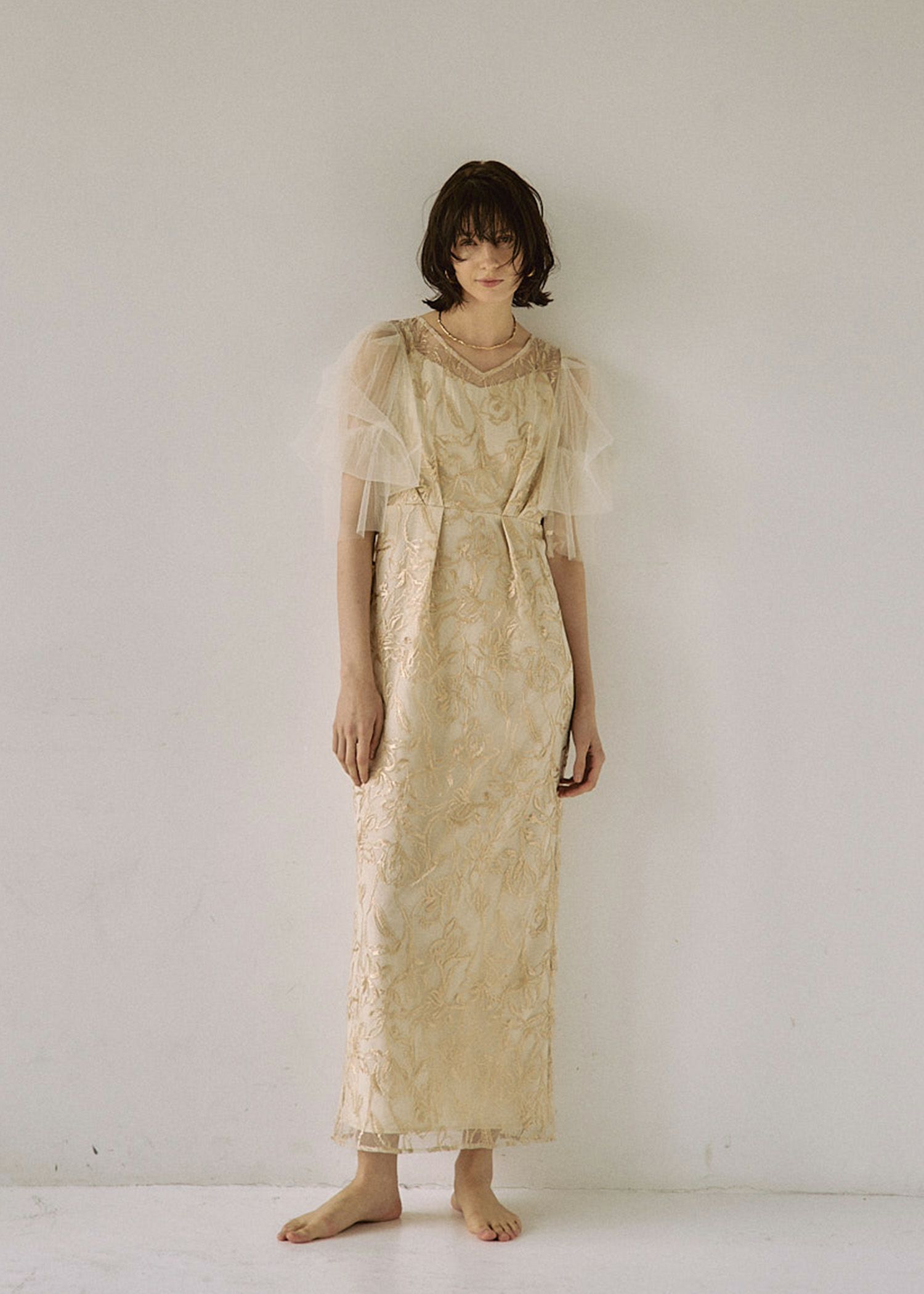 Cotton race souffle sleeve dress|LE