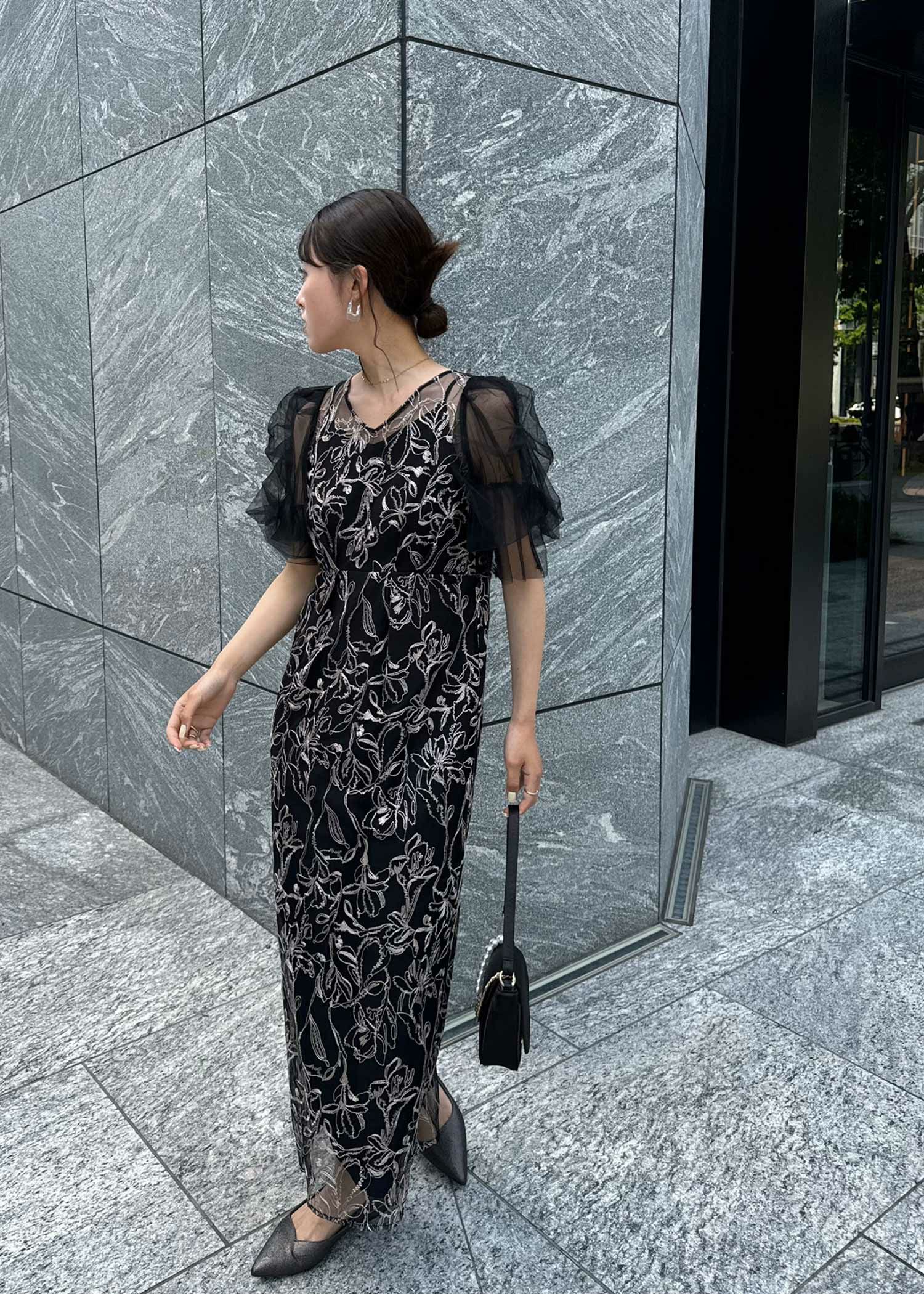 Fluffy sleeve pencil dress|LE 