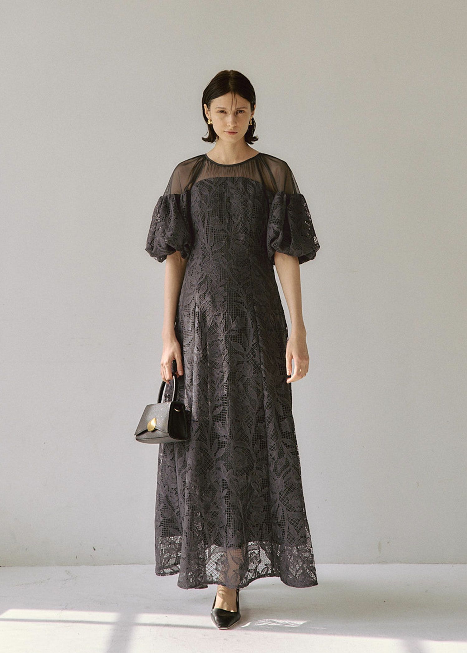 Cotton race souffle sleeve dress|LE
