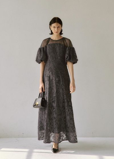 Cotton race souffle sleeve dress|LE