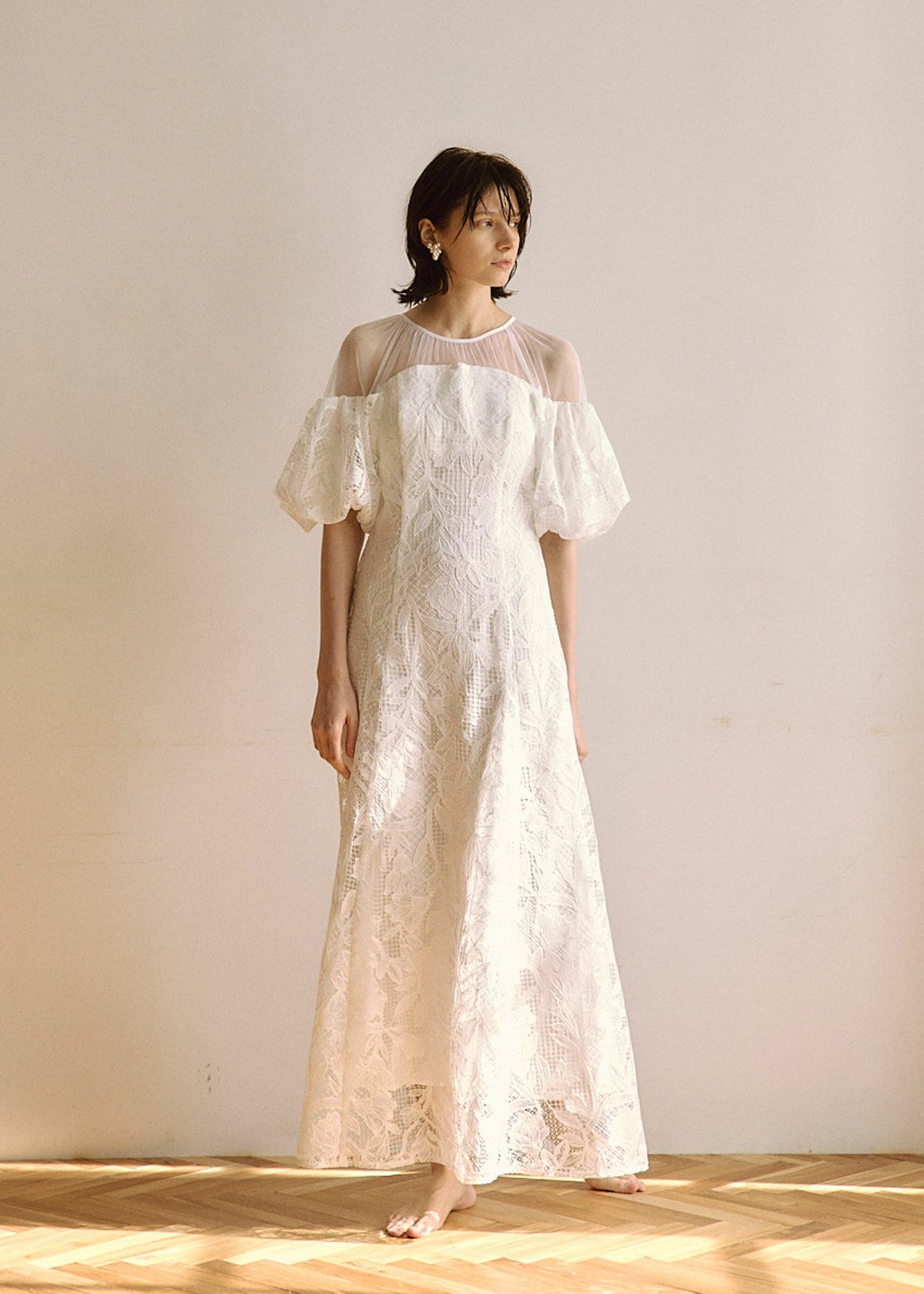 Cotton race souffle sleeve dress|LE