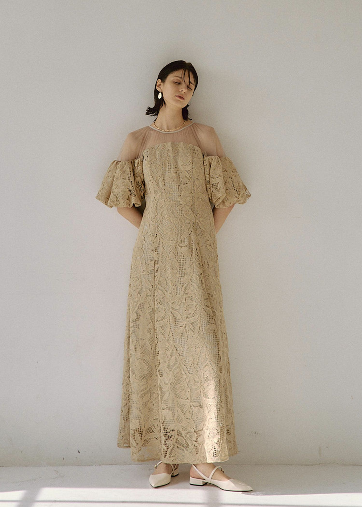 Cotton race souffle sleeve dress|LE 