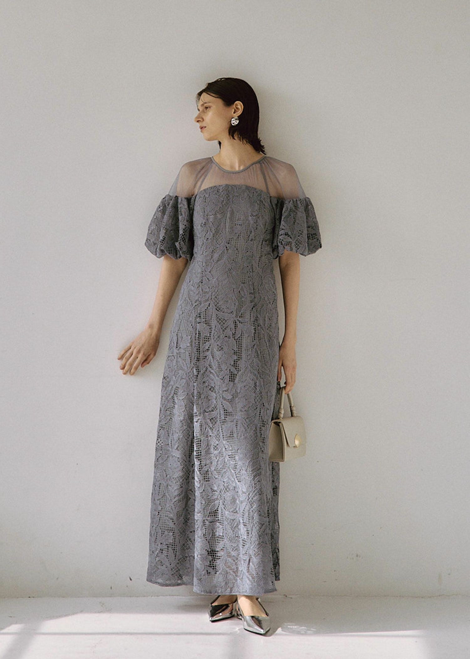 Cotton race souffle sleeve dress|LE