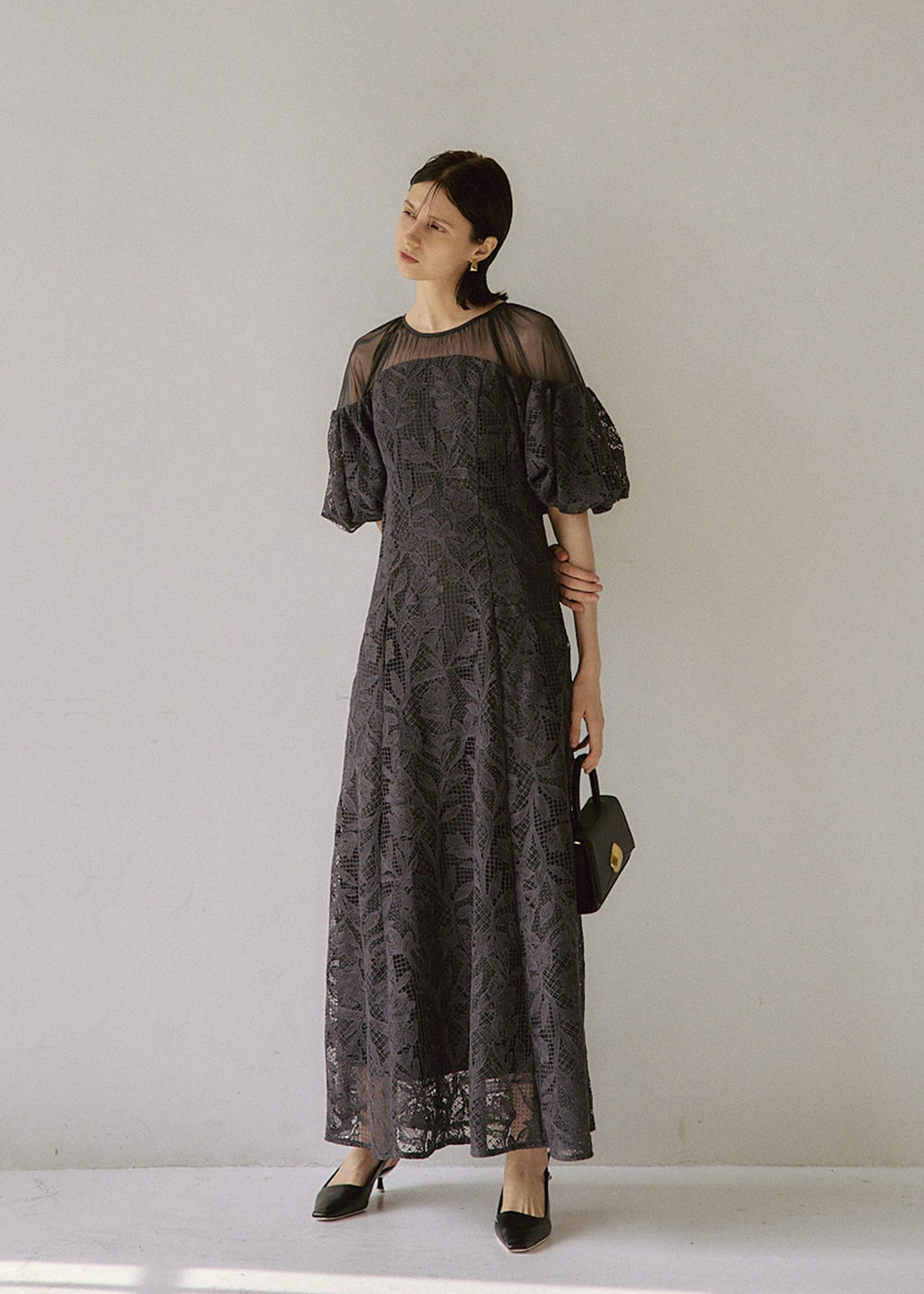 Cotton race souffle sleeve dress|LE 