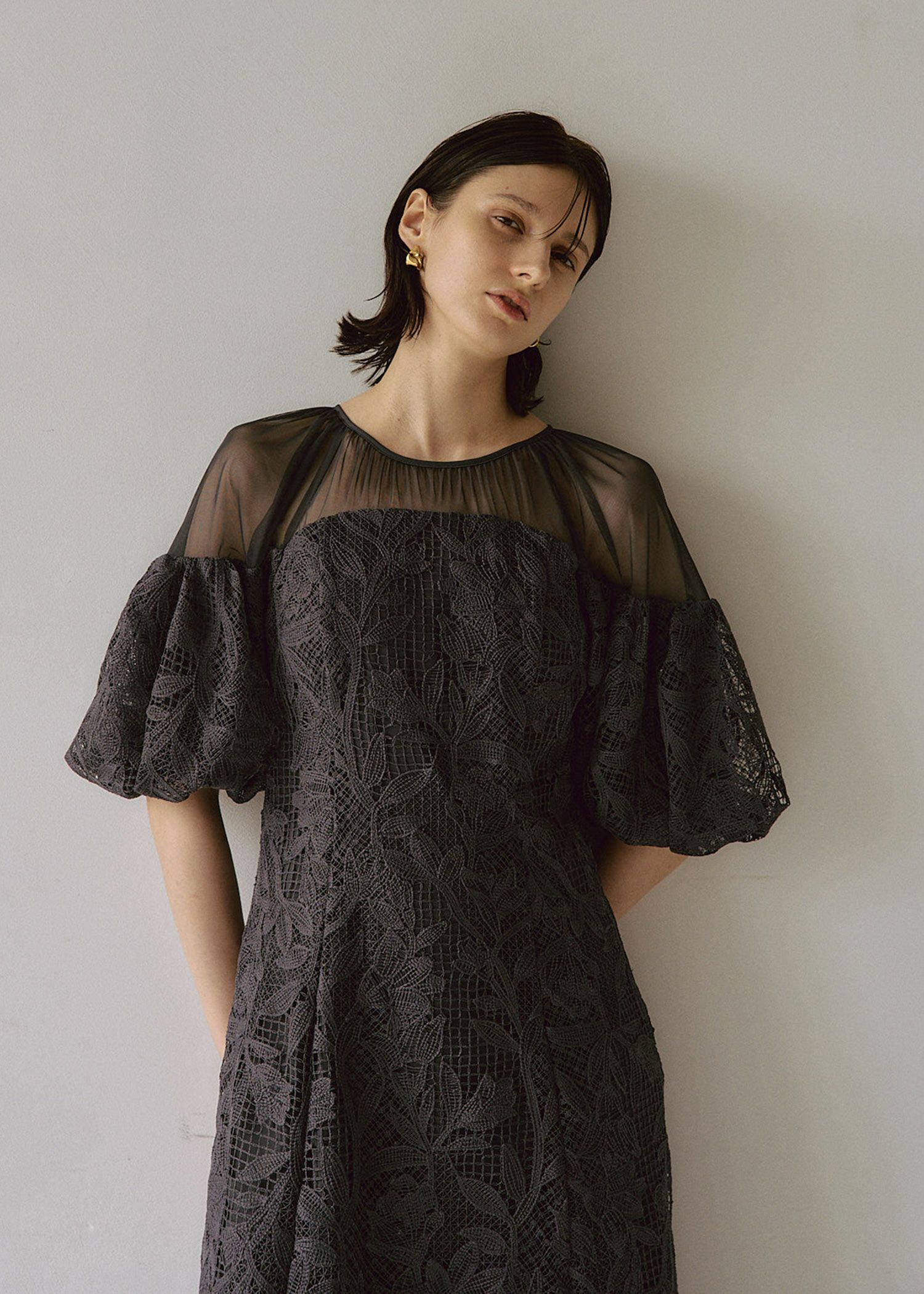 Cotton race souffle sleeve dress|LE