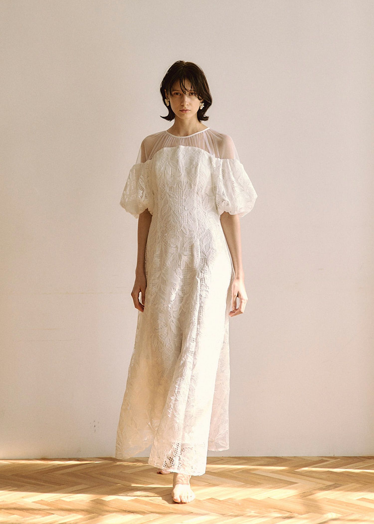 Cotton race souffle sleeve dress|LE 