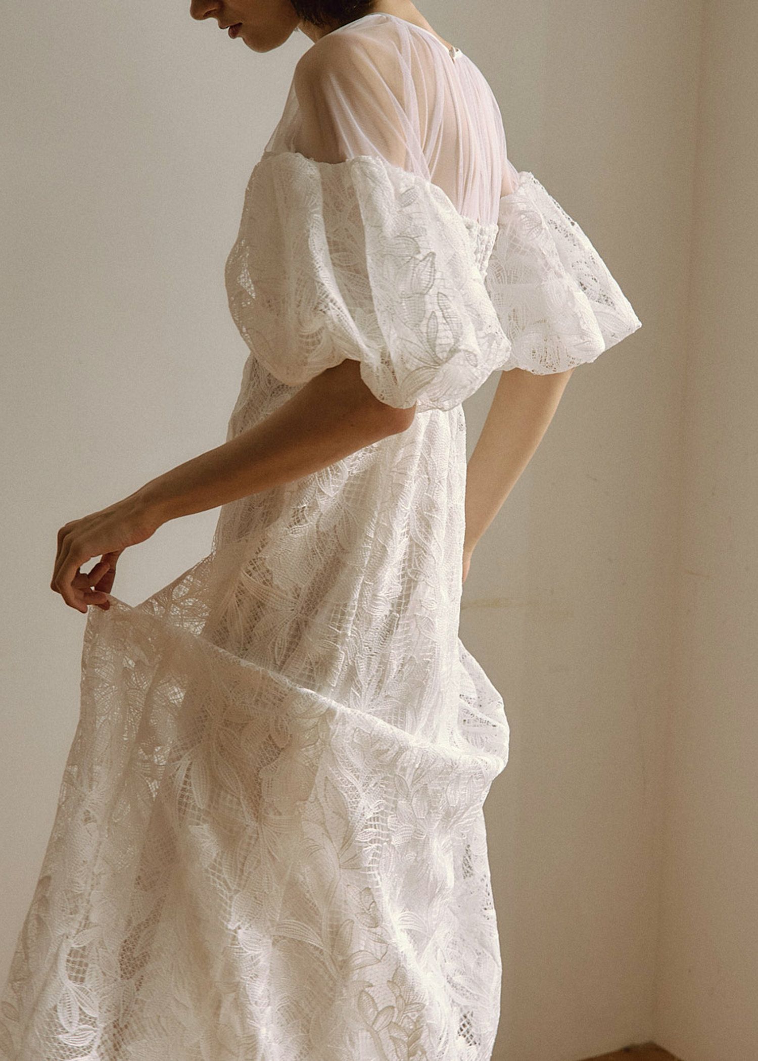 Cotton race souffle sleeve dress|LE