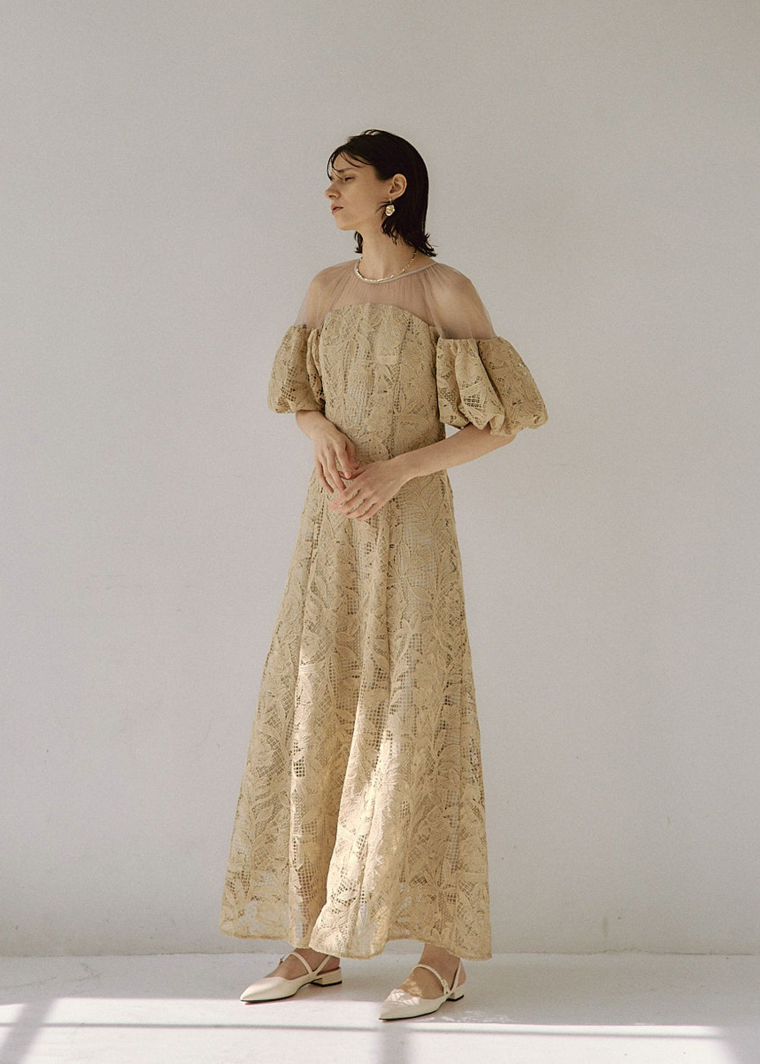 Cotton race souffle sleeve dress|LE 