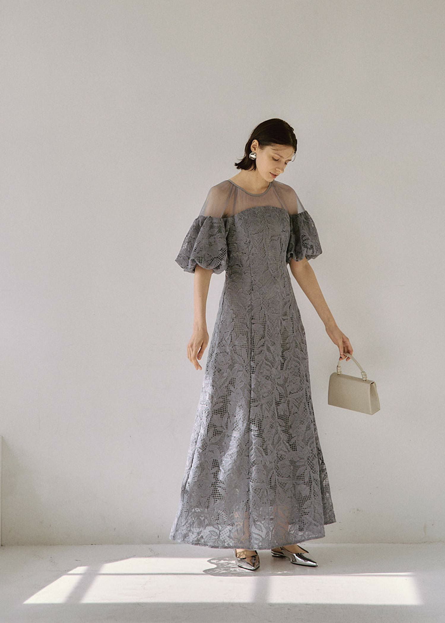 Cotton race souffle sleeve dress|LE