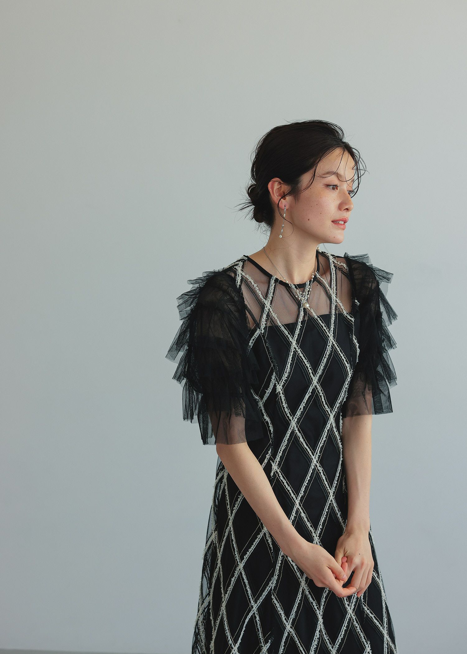 ダイヤチェックフリルスリーブドレス | DorryDoll