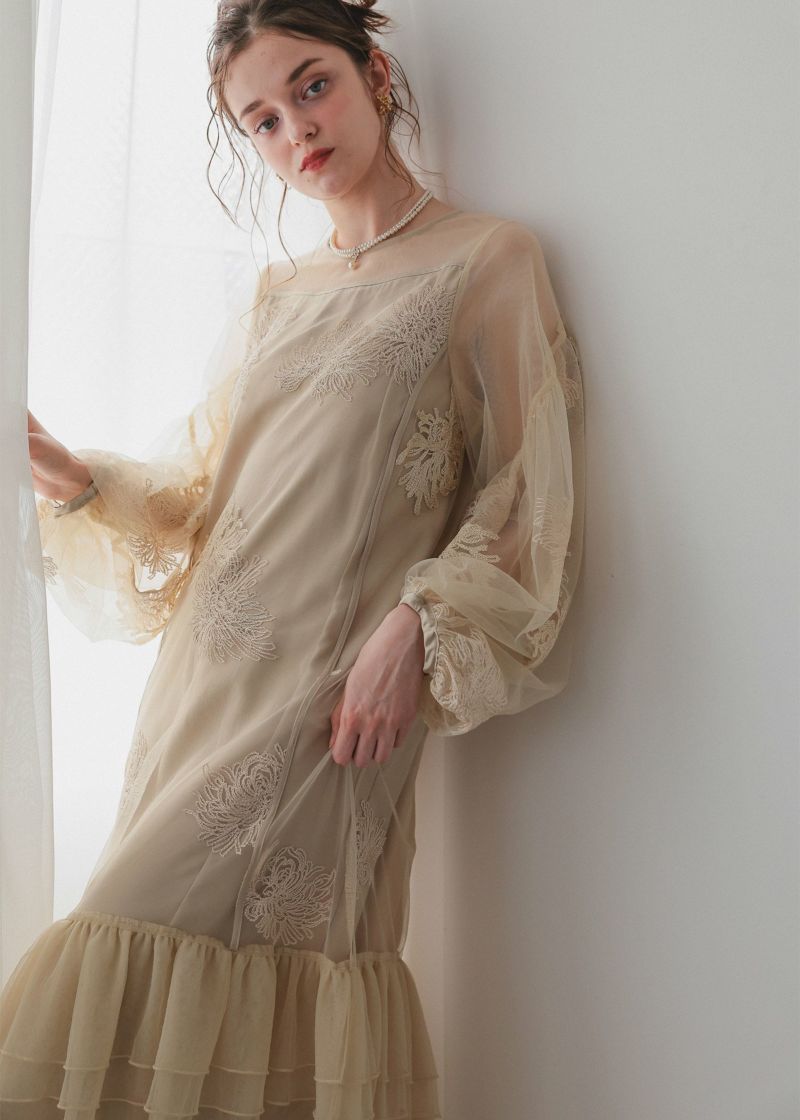 パーティードレス レースワンピース ベージュ バルーンスリーブ 【SALE